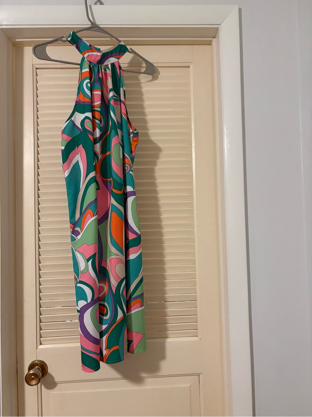 Colorful Retro Print Halter Dress - Teal, Pink, Orange